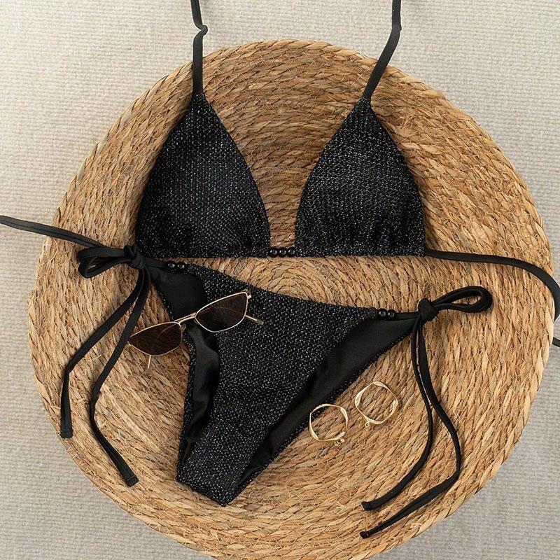 

2026 New Mesh Fabric Bikini Swimsuit Women Sexy V-Neck Bandage Split Type Bikini Sets Female Vintage Black Brown Beach Swimwear L чорний
