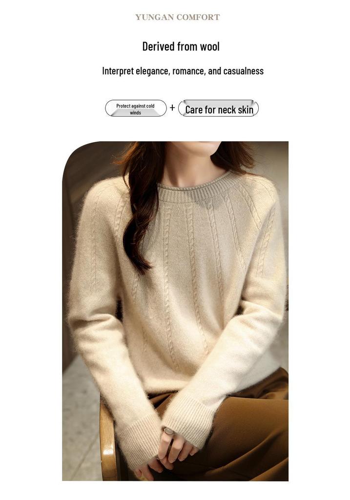 New Women's 100% Wool Cable Knit Round Neck Sweater, Loose Fit, Rolled Hem, Autumn/Winter Pullover.