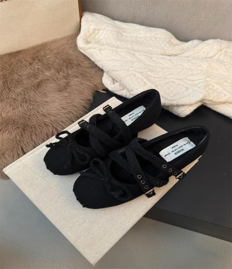 

Evening Wind Cross Buckle Bow Mary Jane Shoes Pig Nose Square Head Flat Ballet Single Shoes Women 39 чёрный