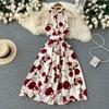 Retro Print Dress  Summer New Goddess Fan Temperament V-Neck Tie Waist Thin Mid-Length Dress