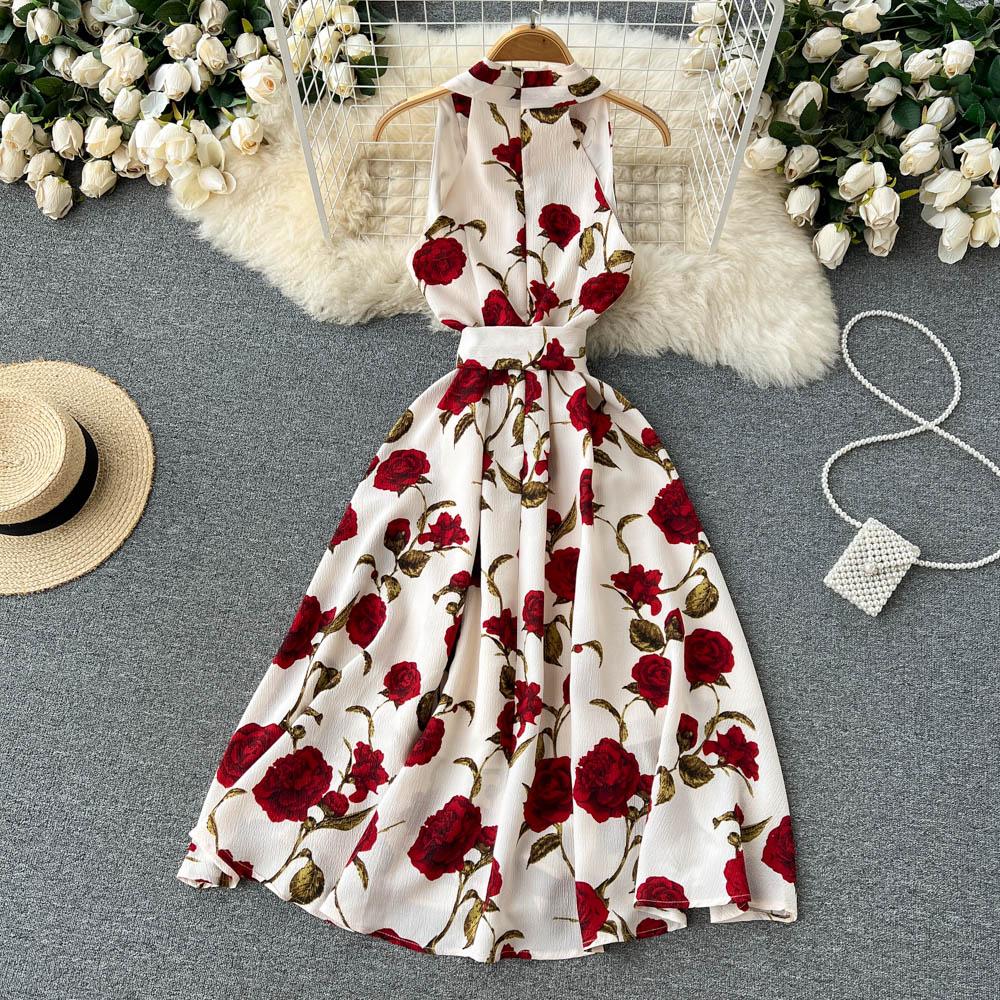 Retro Print Dress  Summer New Goddess Fan Temperament V-Neck Tie Waist Thin Mid-Length Dress