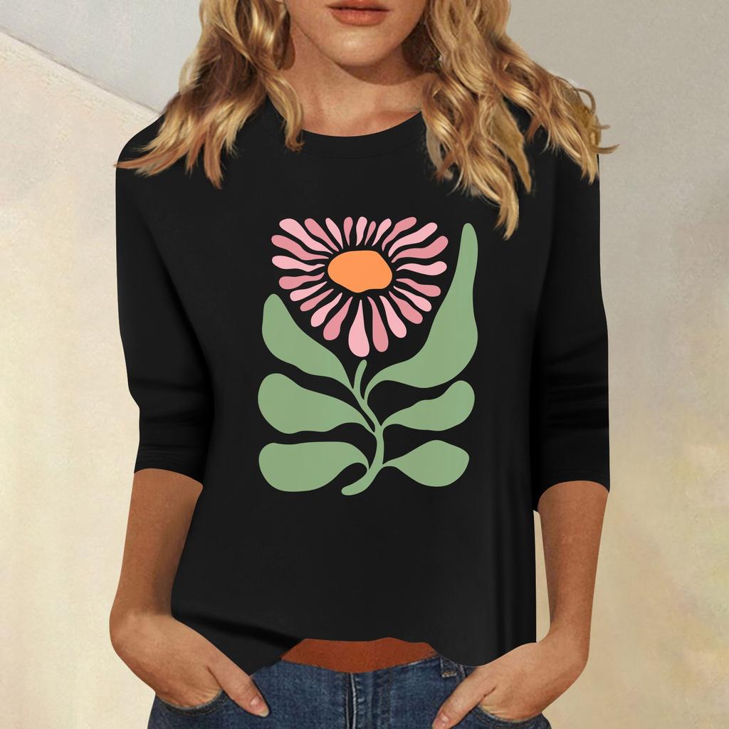 Damenmode, lässig, bedruckt, sieben Ärmel, Rundhalsausschnitt