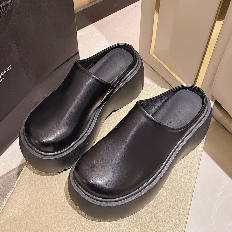 

Super fire Internet celebrity black non-slip heightening thick-soled slippers women s autumn wear 2025 new high-heeled half-drag bag head slippers 35 чёрный