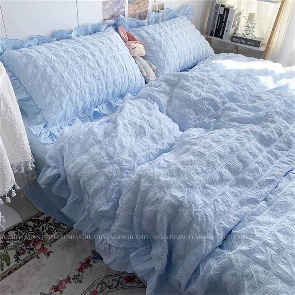 INS Girl Blue Bedding Sets Solid Color Seersucker Ruffles Lace  Kawaii Soft Sheet Woman Duvet Cover Pillow Covers Quilt Cover