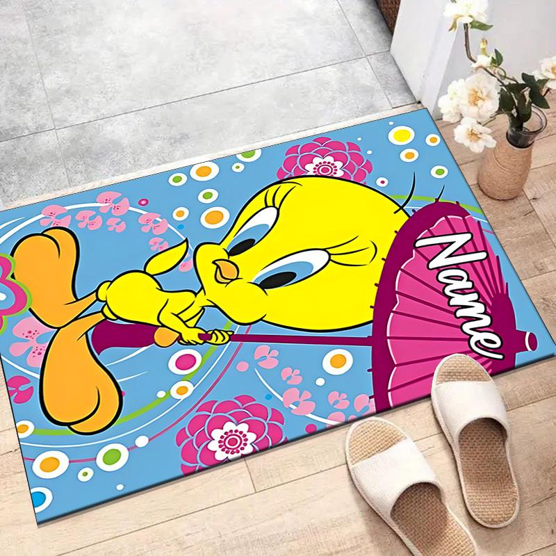 Custom Tweety Mat Personalized Name, Polyester Washable Indoor Entryway Rug, Gift for Christmas, Easter, Thanksgiving Day