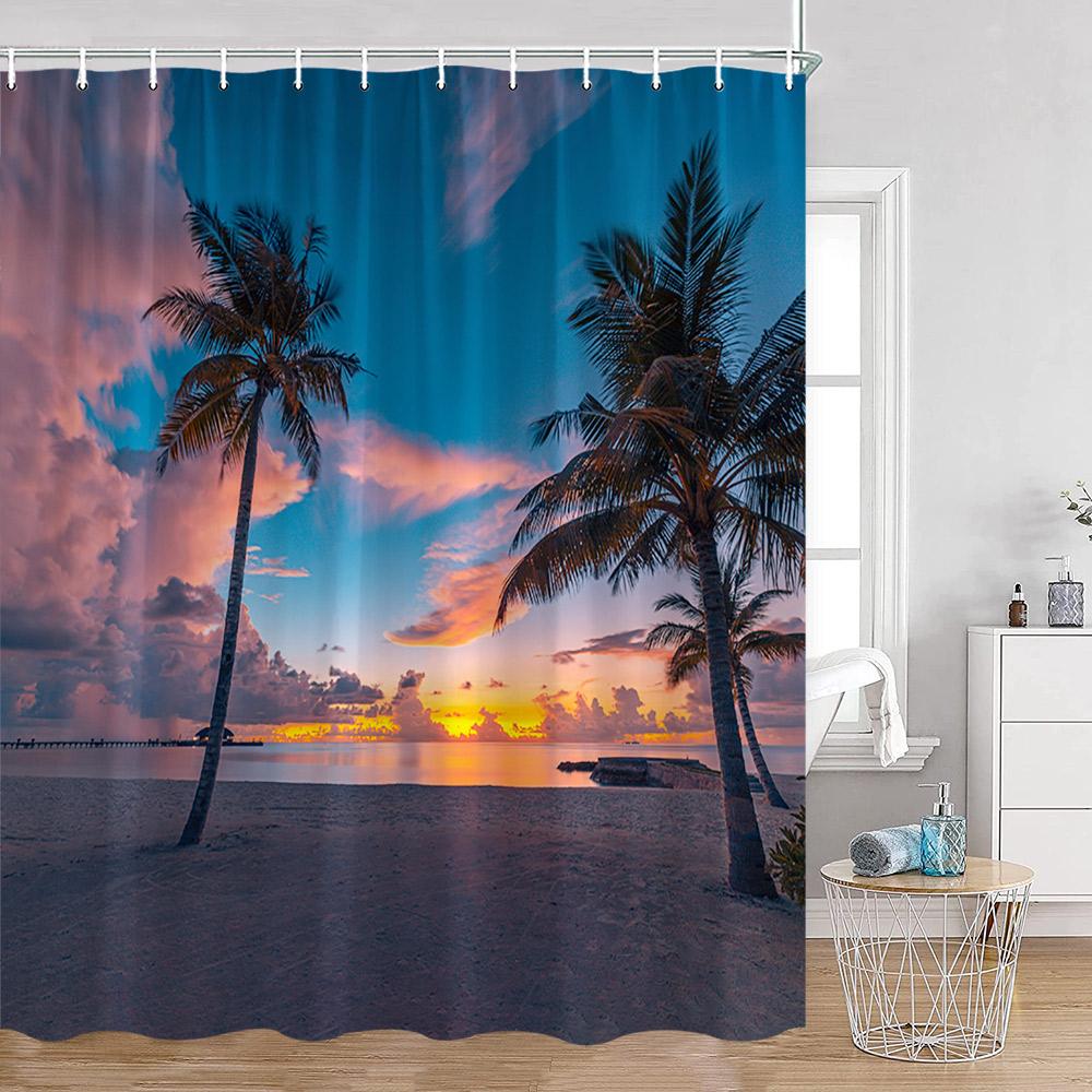 Coastal Shower Curtain Open Window View Of The Sky Clouds Rising Sun Seascape Grass Morning Scenery Bathroom Decor Set With Hook
