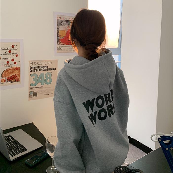 68223 Korean Fleece-Lined Letter Hoodie - Loose Fit Long Sleeve Pullover Jacket, 250g