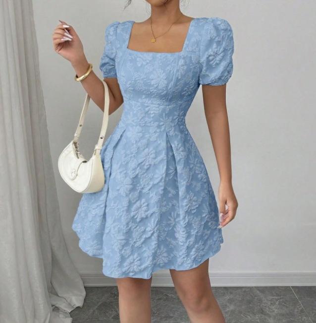 Spring and summer European and American temperament elegant bubble sleeves show height A square neck dress women's clothing