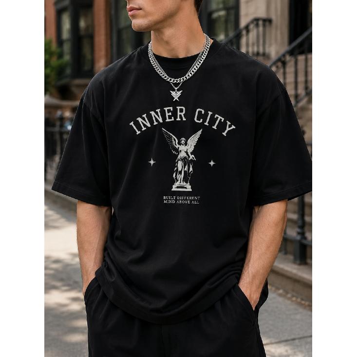 men s oversized black graphic tee with angel statue print, crew neck short sleeve cotton blend streetwear for casual daily wear S