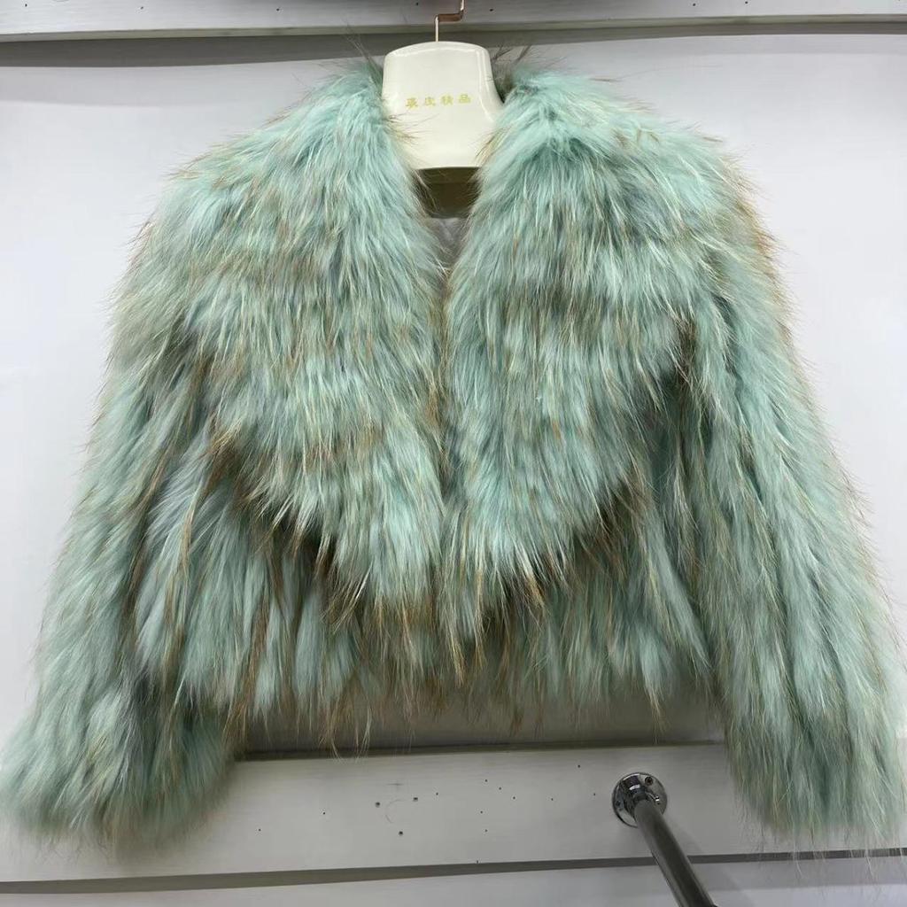 Real Raccoon Fur Coat Quilted Braided Large Lapel Fur Coat High Waist Short Style Youthful Temperament Winter Top