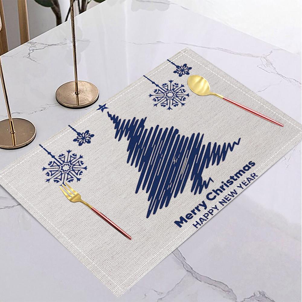 Christmas Linen Placemat Table Coffee Mat Navy Blue Reindeer Abstract Tree Snowflake Joyful Plaid Decorative Dining Holiday
