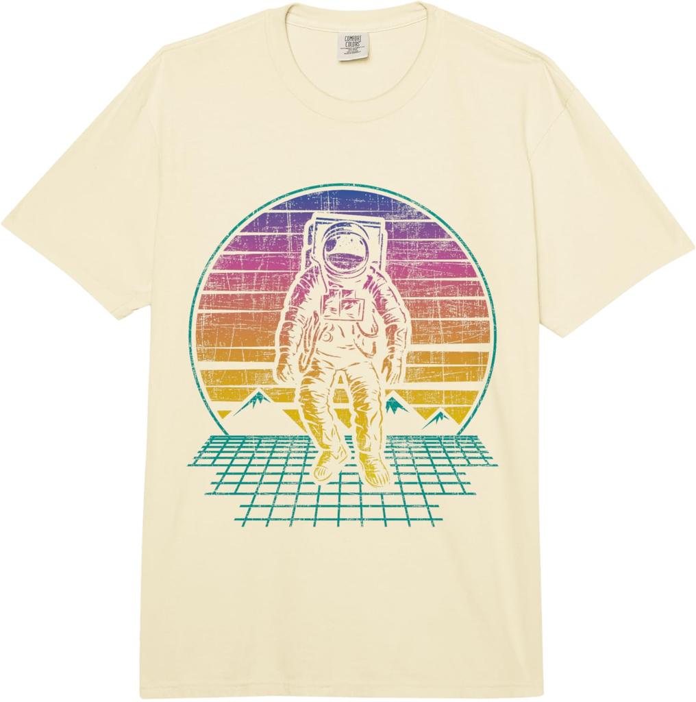 Retro Astronaut Vaporwave Sunset Grid Graphic Tee Men Casual Short Sleeve TShirt