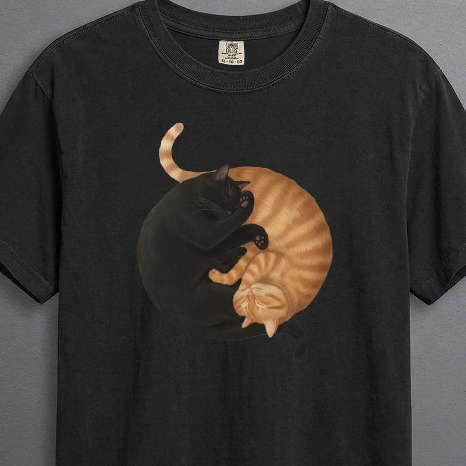 Yin Yang Cats T-Shirt, Black Orange Sleeping Feline Art, Comfort Colors Tee 3XL