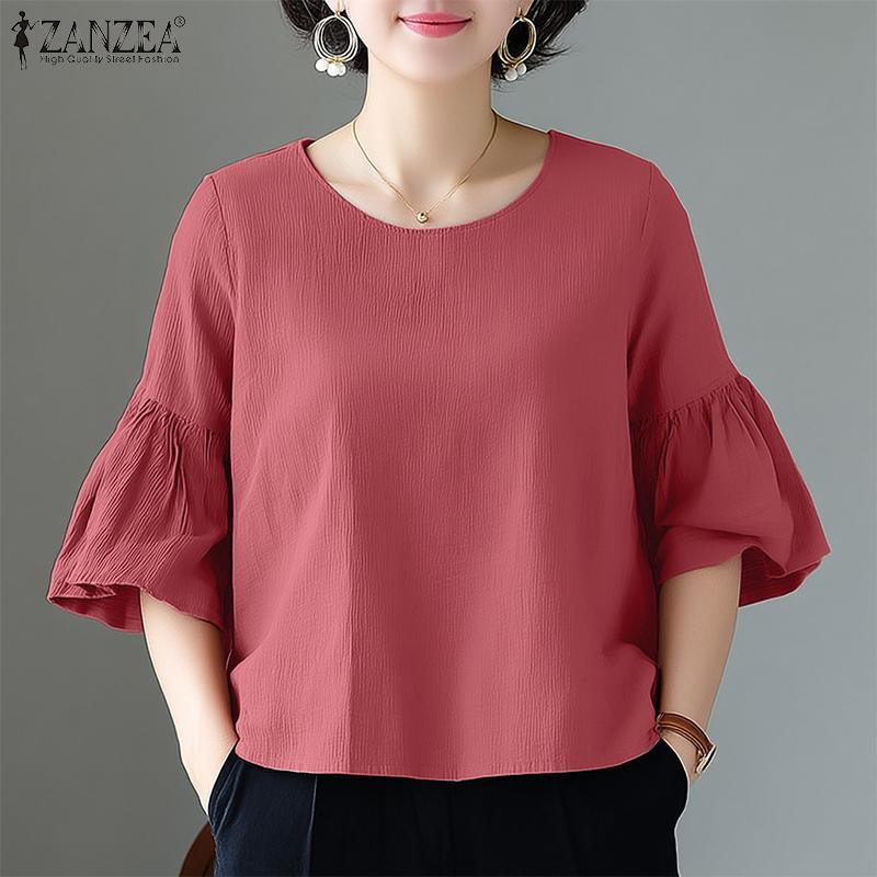 ZANZEA Women Casual Round Neck Loose 3/4 Sleeve Solid Blouse