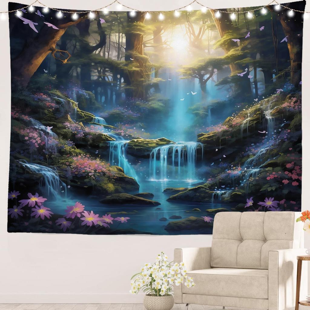 Enchanted Forest Waterfall Tapestry  Magical Nature Wall Art Dreamy Boho Decor for Bedroom Dorm 512x591 inches