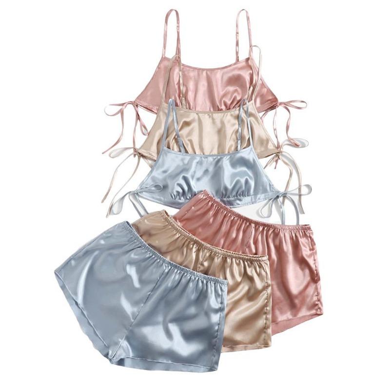 Women's Hot Sexy Ice Silk Solid Colour Pyjamas Sexy Suspenders Shorts Set Homewear Two-piece Set