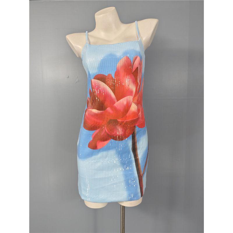 

Заказ внешней торговли Красивый темперамент Цветочный принт Пайетки Пэчворк Слинг Открытая спина Высококлассное чувство Вечеринка по случаю дня рождения Короткое платье Blue Sequin Print L