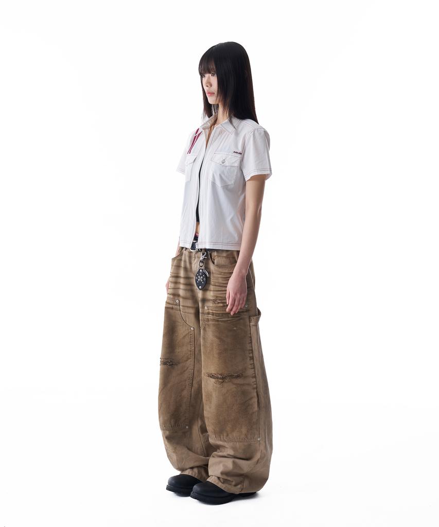 AAKAM Dirty Washed Double Knee Cotton Pants (Beige)