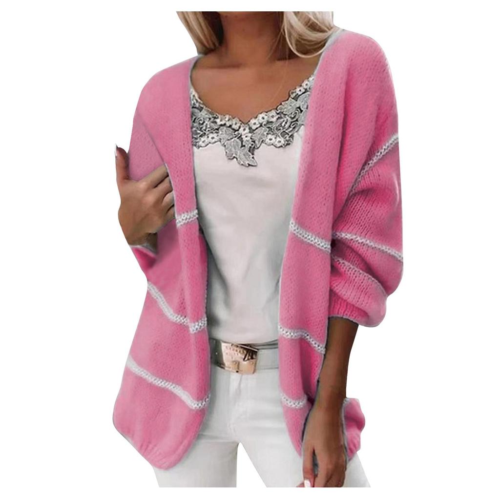 Damen Langarm Weicher Lässiger Farbblock Strickpullover Oberbekleidung Mantel Strickjacke