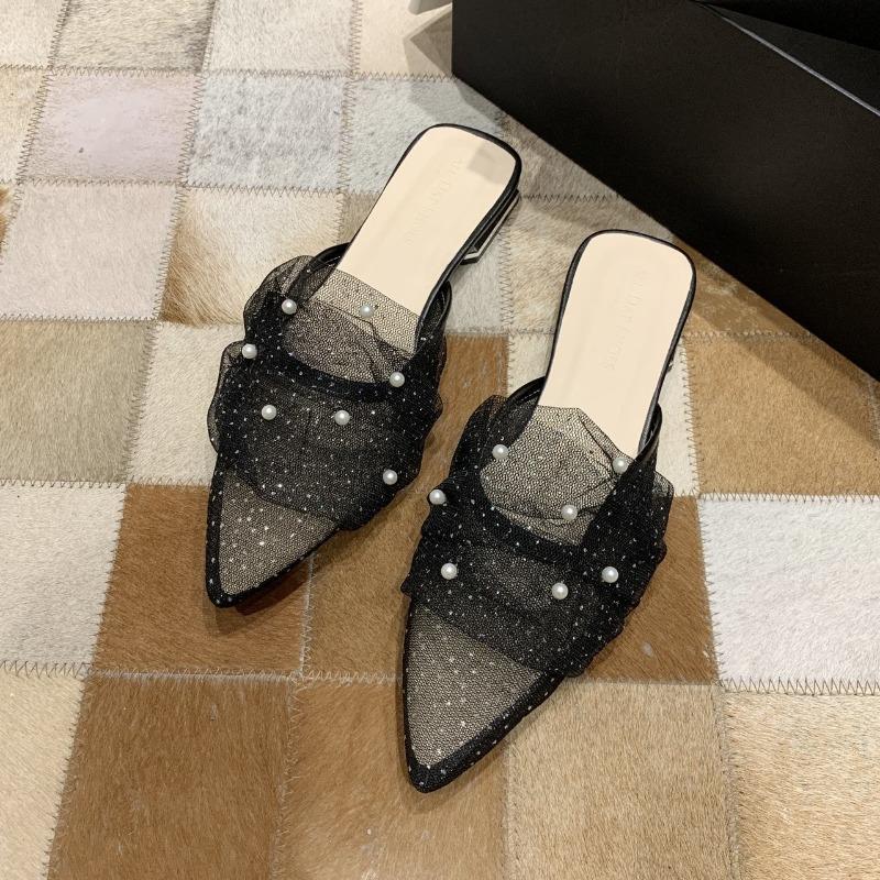 Baotou Half Drag Female Spring Summer Fairy Wind Net Red Lace Net Gauze Pointed Shallow Mouth Pearl Outside Wear Flip-flops