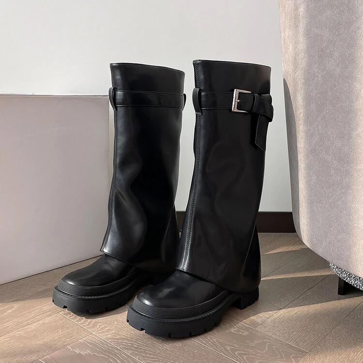 Fashion Elegant Black Belt Buckle Straight Tube Knee High Skirt Boots Women's Autumn Winter Fashion 5cm Thick Heel Western Long Boots