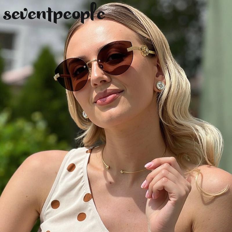 Trendy Cat Eye Frameless Sunglasses Women  Luxury Brand Y2K Punk Metal Cateye Sunglass Vintage Rimless Eyewear For Ladies
