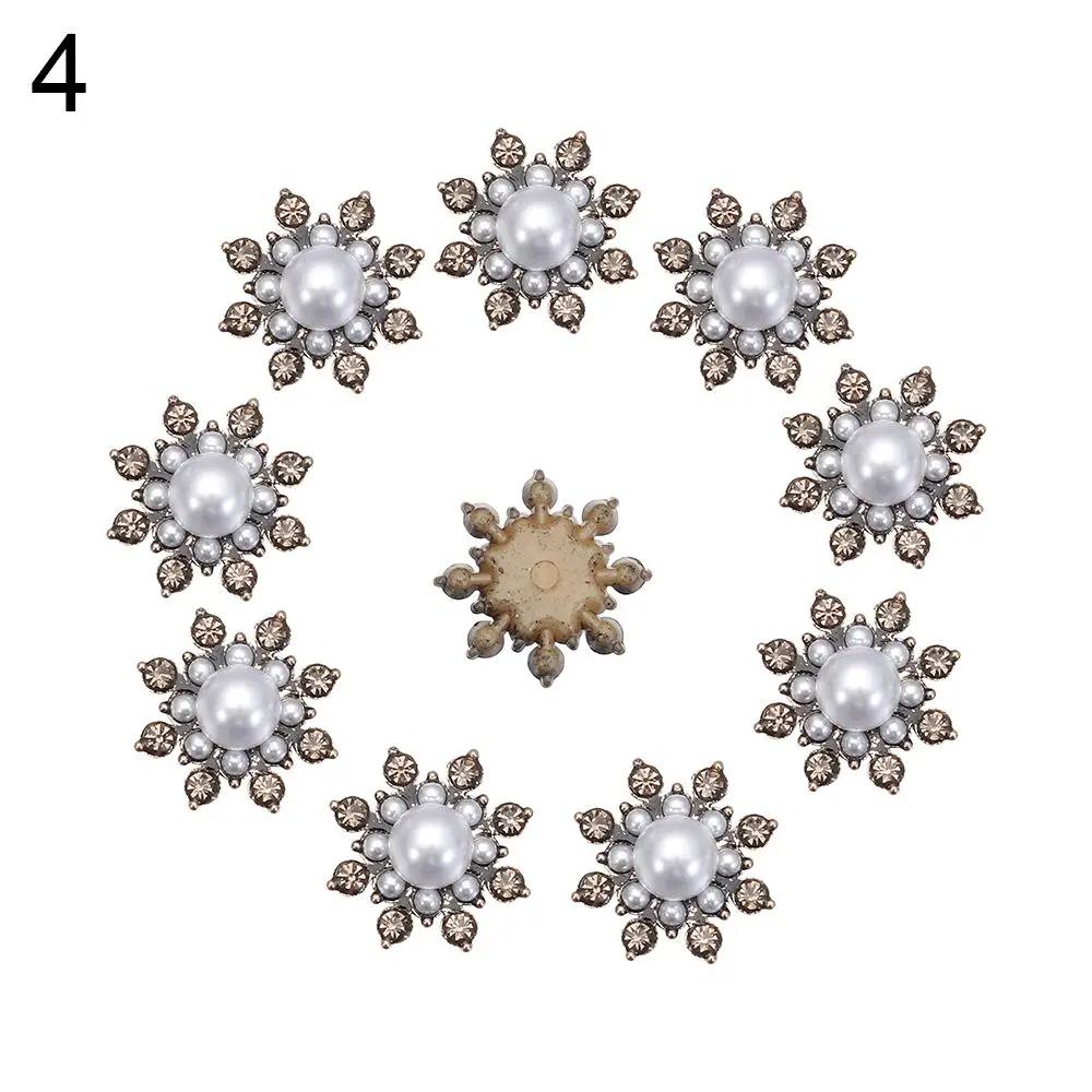 10PCS Pearl Flower Rhinestone Buttons Sparkling Crystal Hairpins Decorative Buttons for Clothes DIY Apparel Sewing Accessories