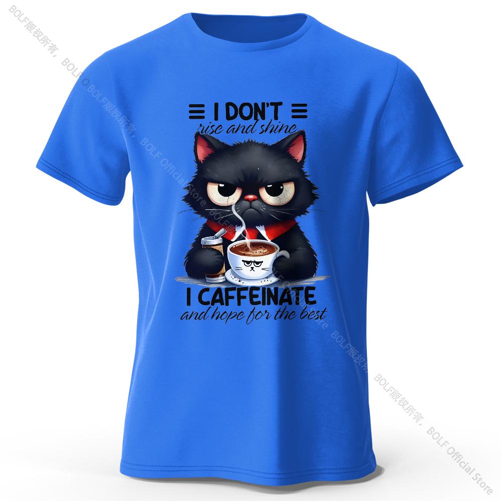 Coffee Loving Cat Print 100% Cotton T-Shirt, Soft & Breathable Round Neck Short Sleeve Tee, Unisex Fun & Quirky Style