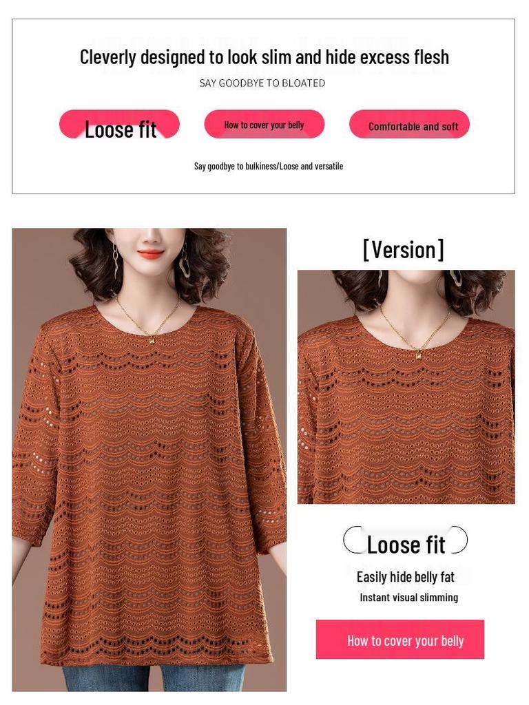 Top din dantelă cu mâneci șapte sferturi: Vară Mărimi Mari Croială Lejeră pentru Femei de Vârstă Mijlocie, Mâneci Medii Decupate la Modă