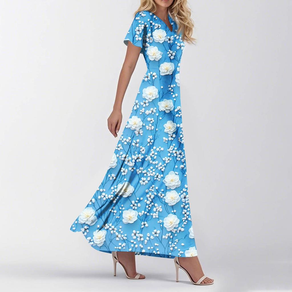 Women's Loose Casual V-Neck Short Sleeved High Waisted Print Dress