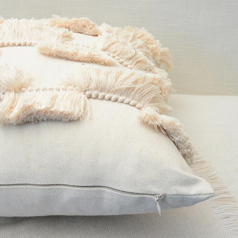 Soft Cotton-ramie Pillow Covers, European Style With Tassels Cushion Cover Shell for Sofa Bedroom Cream Beige Stylish