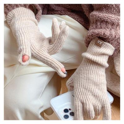 Zuckerbohnen-Handschuhe für Damen im Winter Wärme plus Samt mit freien Fingern, gestrickt aus Wolle, Touchscreen, Radfahren, winddicht, Radhandschuhe