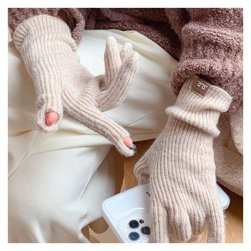 Extended Solid Color Versatile Knitted Gloves Female Student Finger Warm Gloves Male