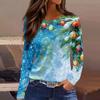 Women's Fashion Casual Slit Hem Round Neck Long Sleeve Loose Printed T-Shirt Ladies Top Christmas