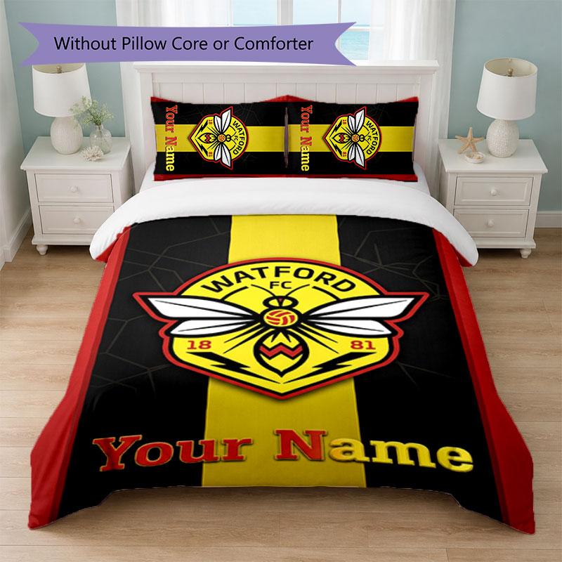 Watford FC Custom Name Text Bedding Set 1 Duvet Cover+2 Pillowcases Soccer Logo Personalized Gift For Special Occasion Bedroom Decor