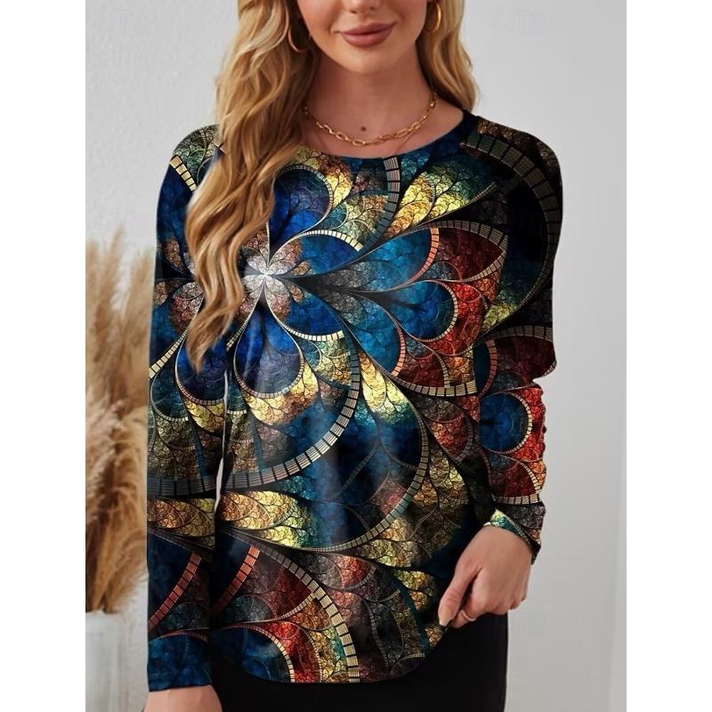 2025 Fashion Women's Floral Oil painting flowers O-Neck Long Sleeve T-Shirt Y2K Casual Tops Womens Clothing Harajuku Pullover