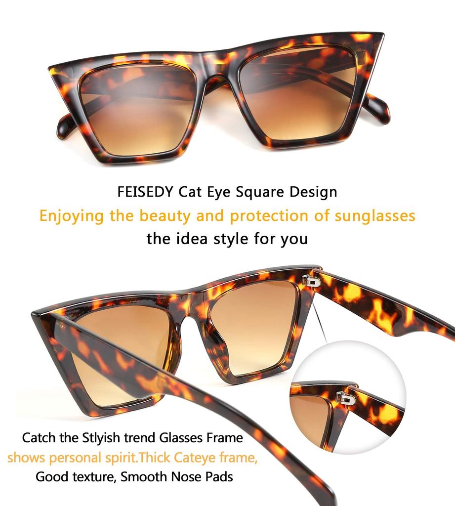 FEISEDY Vintage Square Cat Eye Trendy Cat Eye B2473 Women's Sunglasses, Sunglasses,
