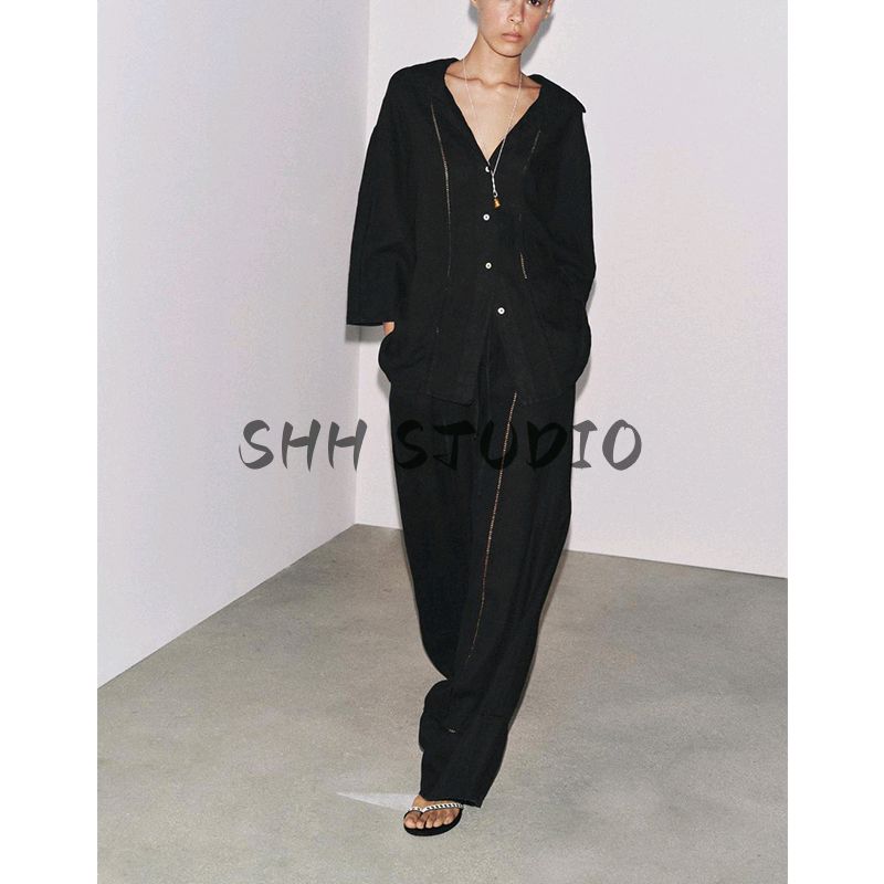 Idle Style Simple Lapel Casual Shirt 4043058 Linen Blended Mid Waist Wide Leg Pants 4043059