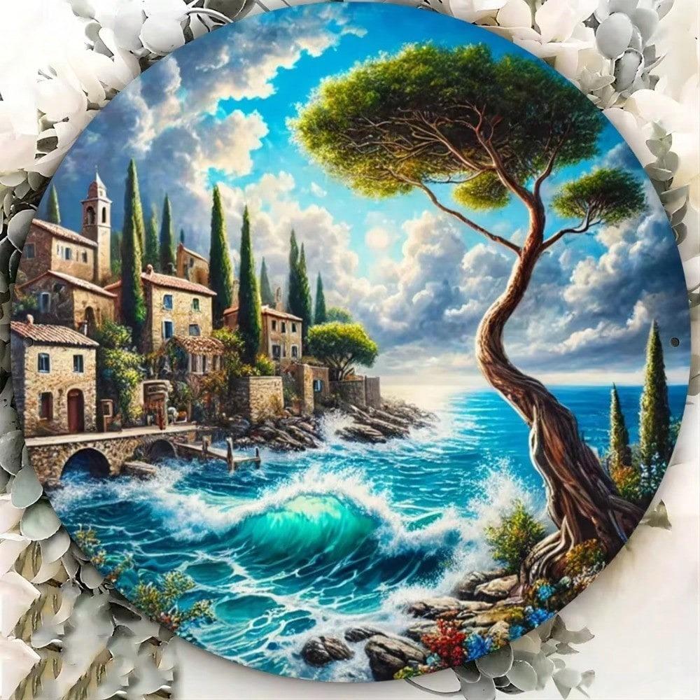 Round Coastal Metal Wall Art Vintage Beach Sign for Home Decor