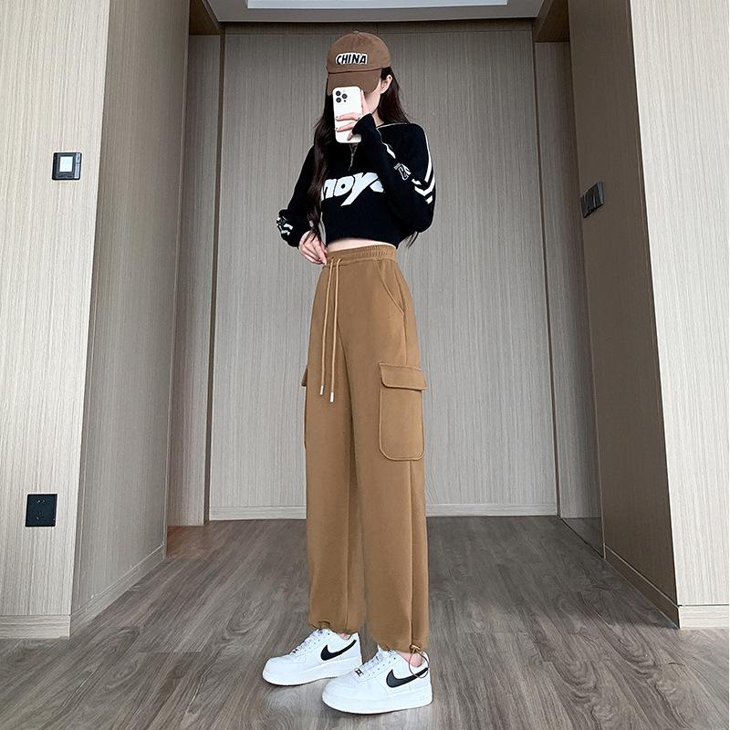 

G Tooling windproof pants women s leggings autumn and winter piled thickened casual sports pants straight wide-leg pants M хаки