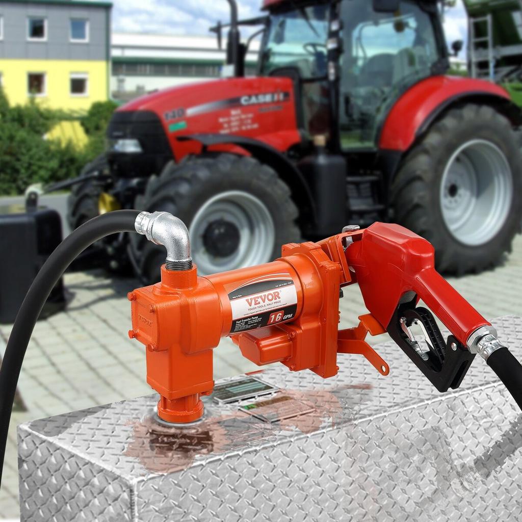 Fuel Transfer Pump, 12V DC 16 GPM 1/4 HP, Gasoline Extractor Pump with Automatic Nozzle, Discharge Hose & Suction Pipe for Gasoline, Diesel, Kerosene,