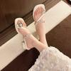 Versatile Thick-heeled Slippers Women's Outerwear Clip New 2025 Summer Rhinestone Cool Slippers Toe Fashion Sandals