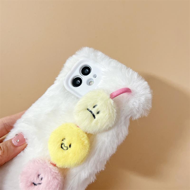 Husă pentru telefon Apple 14 Promax Plush Toamnă/Iarnă 12 cu fața zâmbitoare, curea de mână, pachet complet X, 13 anti-cădere, 11 silicon.