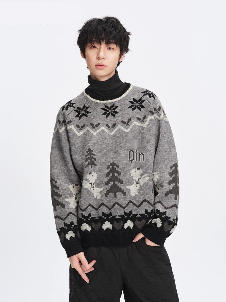 Roter Jacquard-Weihnachtspullover für Damen: Neujahr Retro Locker gestrickter Pullover