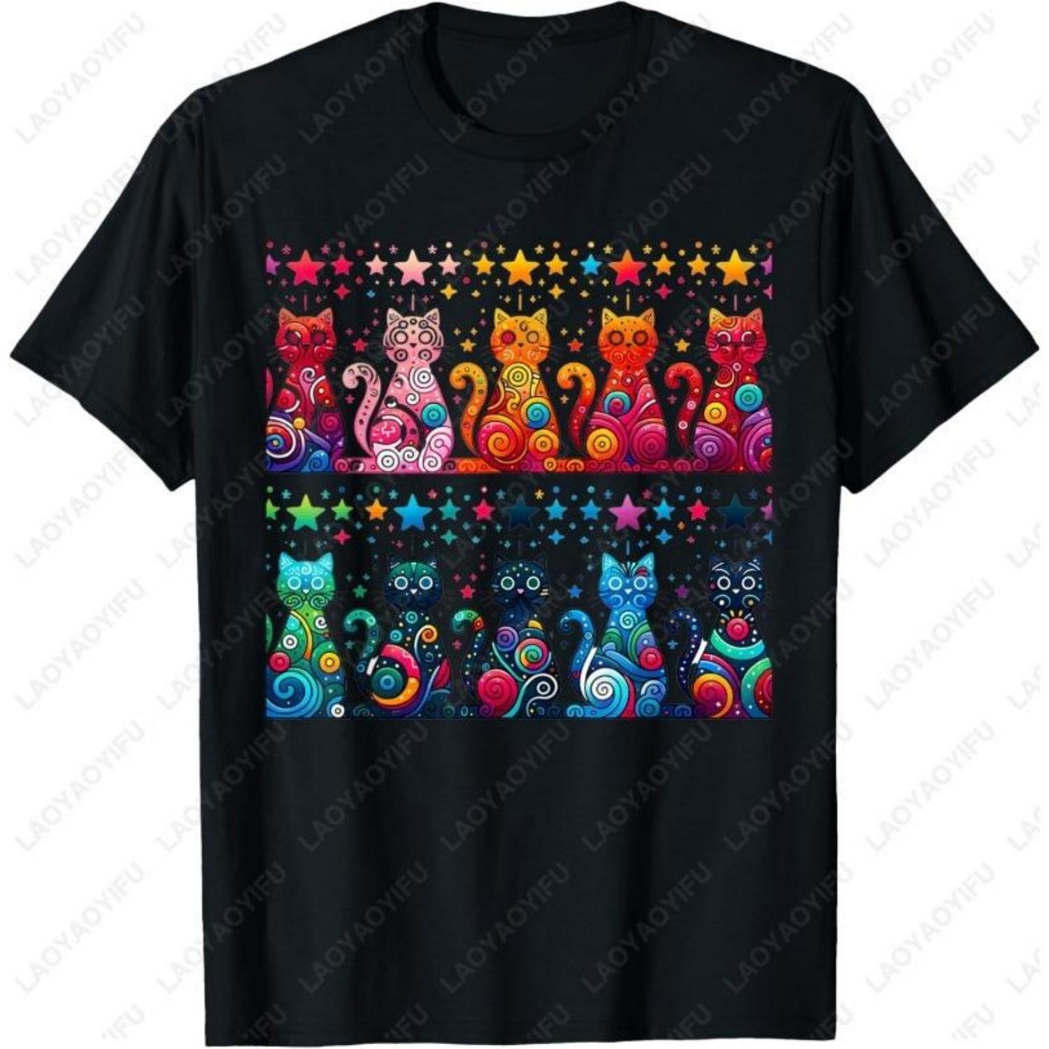 

80s Colorful Kitten Lover Gift Artwork Decor Cute Art Cat Cotton TShirt Fuuny Creative Trend Vintage Oneck Printed Unisex Tops XXXXXL чорний