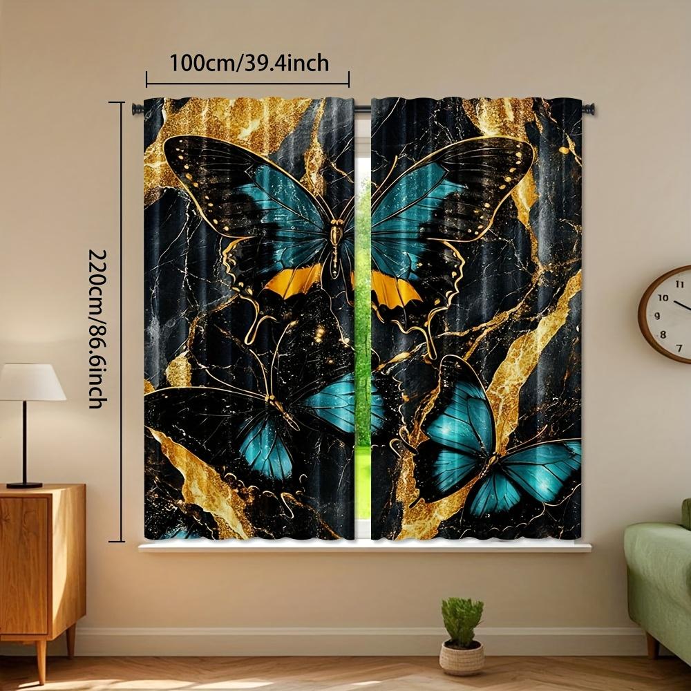 2pcs   Watercolor Butterfly Print Backdrop Curtains   Golden Wings Butterfly Design   Curtain Drapes for Bedroom   Living Room   Perf