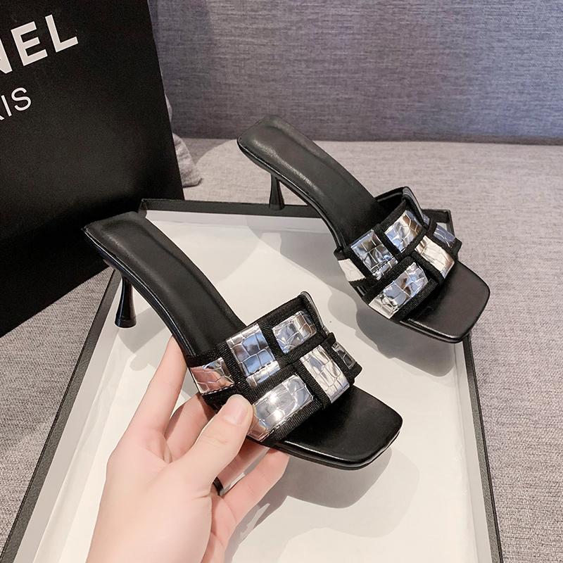

Fashion Women s Slippers New Popular Slippers Women s Summer Wear Fashion Open-toed Square Flip-flops Women s High Heels Sandals Women 42 серебряный