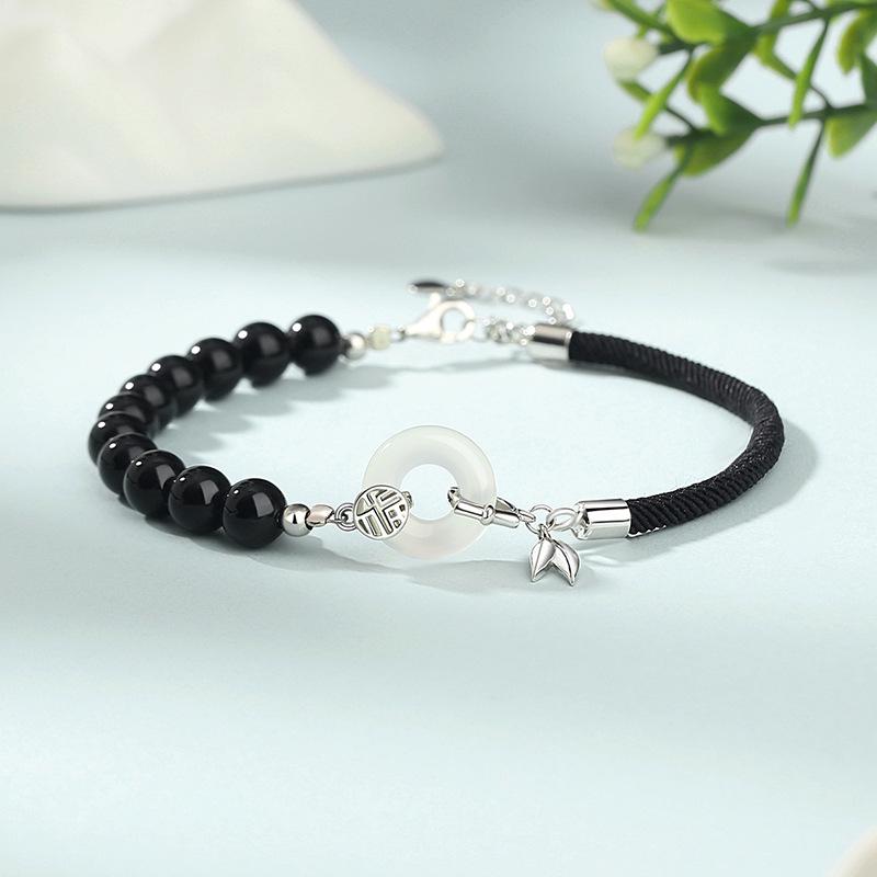 Bamboo Joint Ping An Kou Couple Bracelet: S925 Sterling Silver with Agate/Hetian Jade Beads - New Chinese Style. S925 Silver