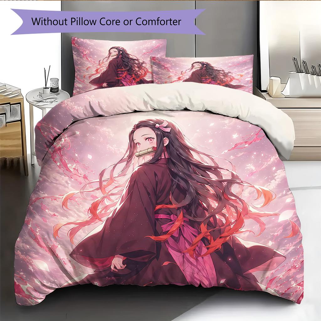 Nezuko Kamado Pattern Bedding Quilt Set Home Decoration Gift (1 * duvet cover + 2 * pillowcase without core)
