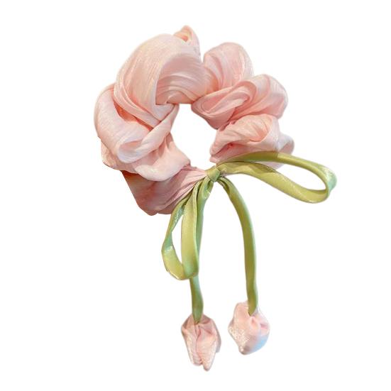 Hair Tie Breathable Chiffon Organza Fabric High Elasticity Tulip Flower Design Hair Rope with Ribbon Streamers Ponytail Bun Hair Accessories